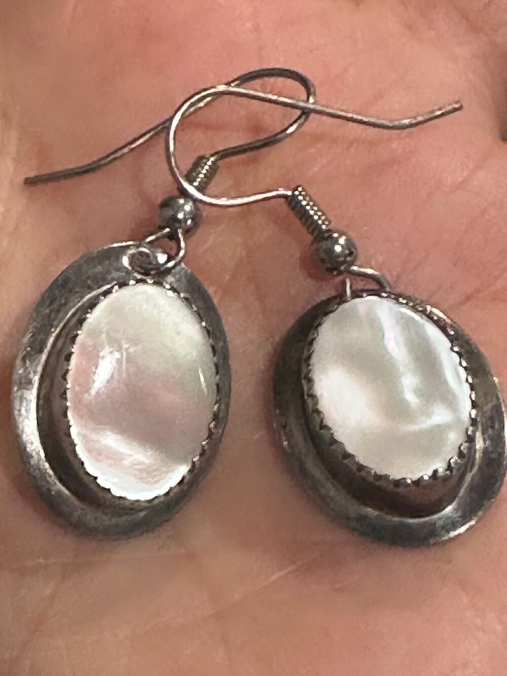 Navajo Orville Manygoat Signed M O Sterling, MOP Sunflower Earrings, 5g.